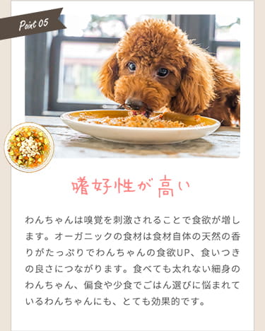 【嗜好性が高い】天然の香りで嗅覚が刺激され食欲UP。細身のわんちゃん、偏食や少食でごはん選びに悩まれているわんちゃんにも、とても効果的です。